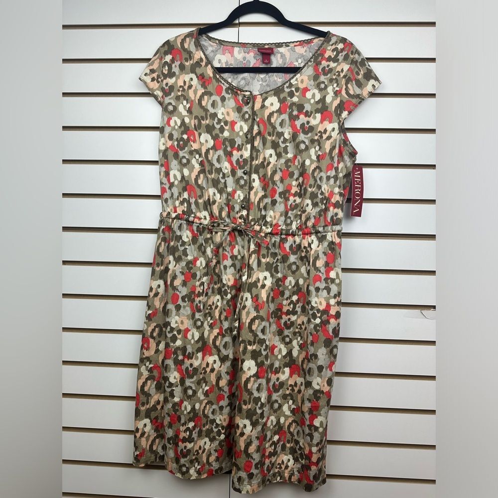 NWT-Merona Cap Sleeve Casual Dress Tan/Pink Abstract Print Sz L Cotton